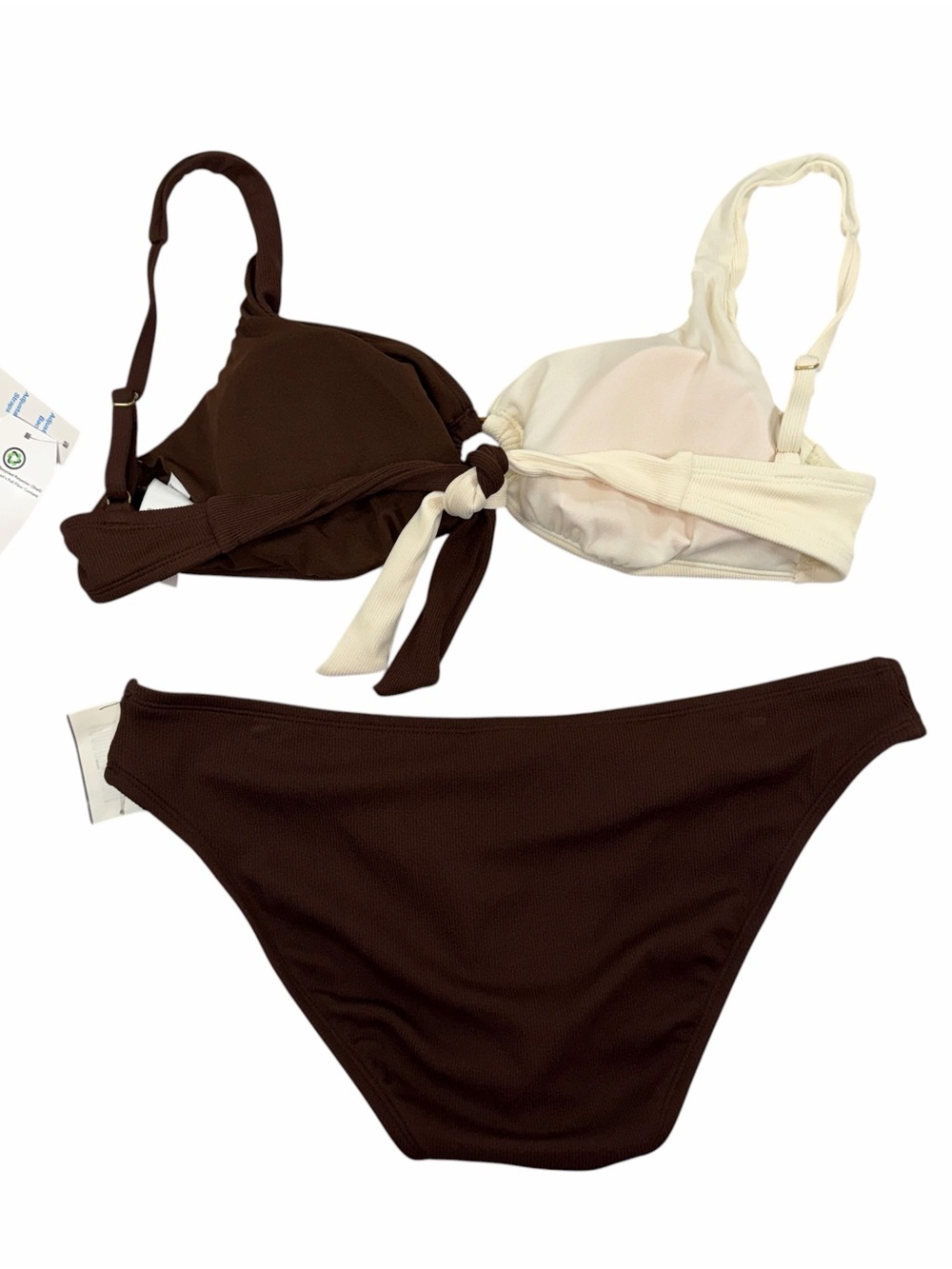 Time and Tru Two-Tone Brown and Cream Ribbed Bikini Set - Picture 2 of 3